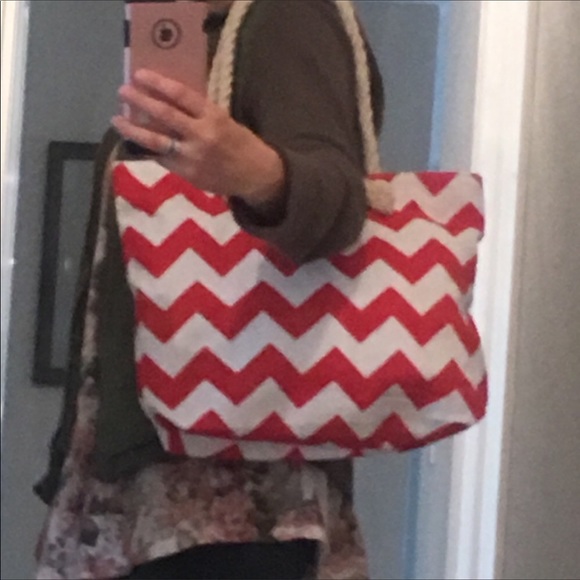 NEW! 2 left! Retro Travel/Beach/Farmers Market Canvas Tote Bag Red Pink Shopping - Picture 5 of 6